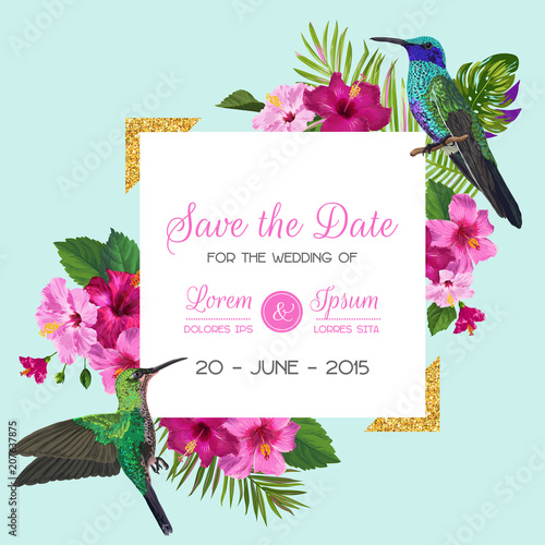 Wedding Invitation with Blooming Tropical Flowers and Hummingbirds. Save the Date Floral Card with Exotic Birds and Golden Frame. Vector illustration