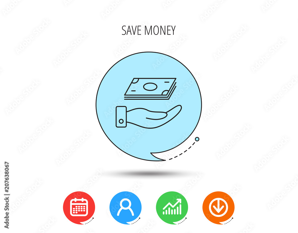 Naklejka premium Save money icon. Hand with cash sign.