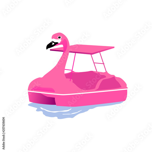 isolated pink flamingo paddle boat on water, vector illustration
