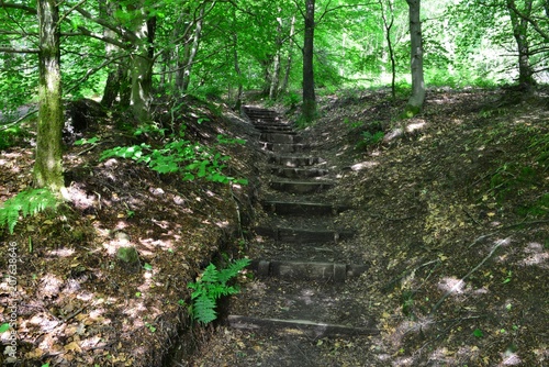 Steep hill with steps in the English countryside.