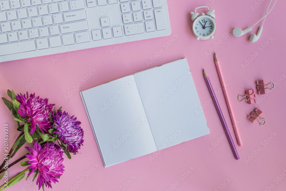 Mockup open notebook with pink flowers Mockup open notebook with pink flowers
