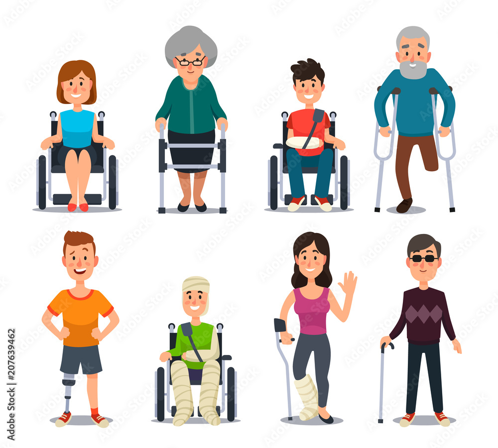 Disablement person. Blind disability people and elderly on crutches or wheelchair. Disabled character for medical vector background