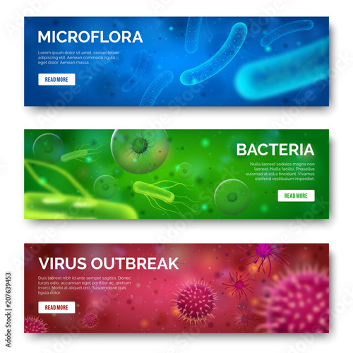 Microbiology 3d background. Viruses, infection and bacteria for banners. Virus bacterium science isolated banner set