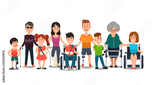 Disabled characters. People with special needs. Student in wheelchair, man with disability and elderly on crutches cartoon vector set