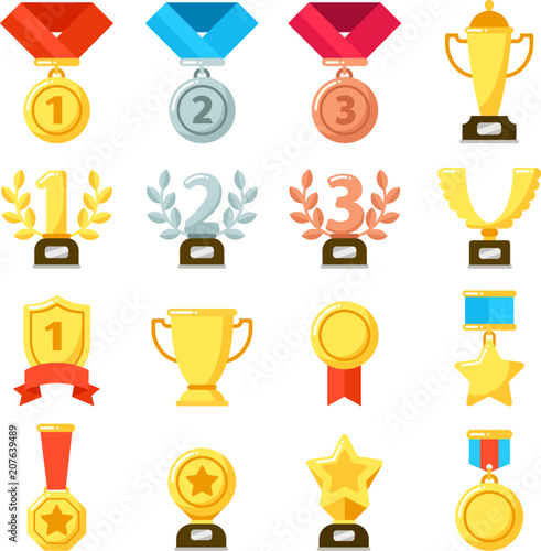 Achievement award, achiever trophy, achievements medal icon. Gold, silver, bronze medals vector icons set