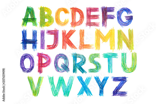 Colored pencils alphabet font type handwritten hand draw abc letters photo