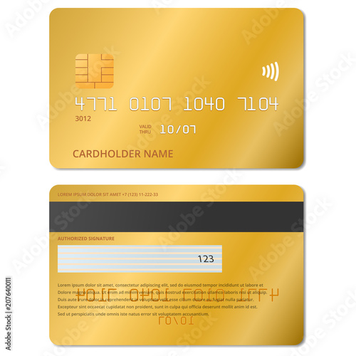 Bank, gold credit card front and back view mockup