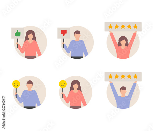 User reviews feedback set, customers giving ratings vector illustration