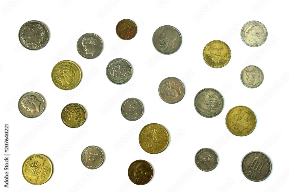 Different coins of old Greek Drachma. Assortment of coins- of one hundred, fifty, twenty, ten and five drachmas. Different coins of old Greek Drachma. Assortment of coins- of one hundred, fifty, twenty, ten and five drachmas.