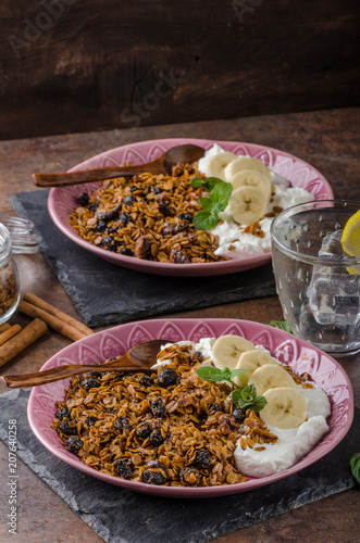 Granola baked in oven with nuts