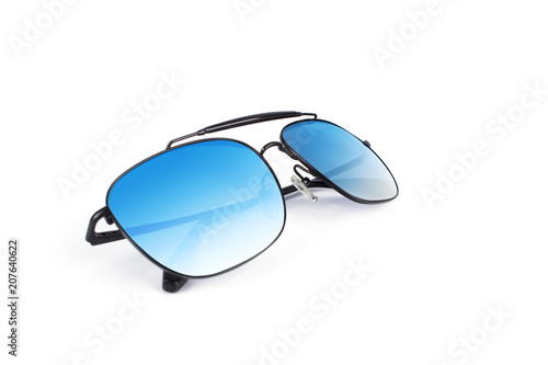 Beautiful luxury Black sunglasses with multicolor mirror lens isolated on white background