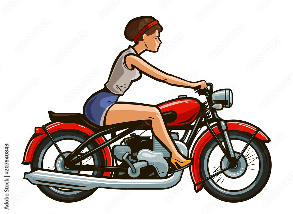 Fototapeta Retro pin-up girl jazda na motocyklu. Ilustracja kreskówka wektor