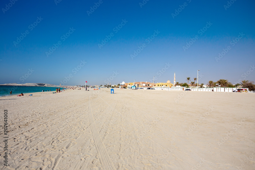 Fototapeta premium Panoramic view on nice Jumeirah beach in Dubai famous tourist destination,
