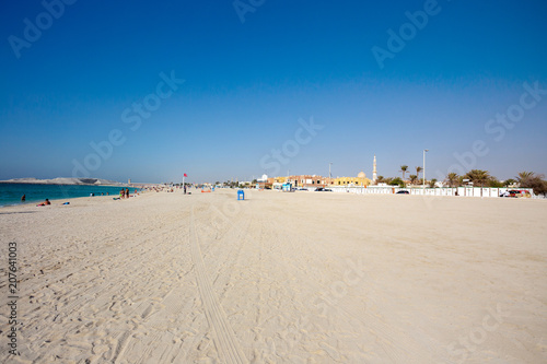  Panoramic view on nice Jumeirah beach in Dubai famous tourist destination,