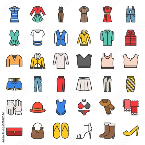 Female clothes, bag, shoes and accessories filled outline icon set 2 photo