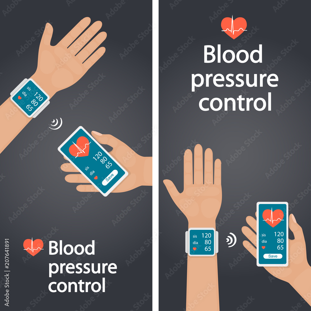Measurement and monitoring of blood pressure with modern gadgets and mobile applications. Man checking arterial blood pressure with digital device tonometer. Healthcare. Flat vector illustration. Measurement and monitoring of blood pressure with modern gadgets and mobile applications. Man checking arterial blood pressure with digital device tonometer. Healthcare. Flat vector illustration.