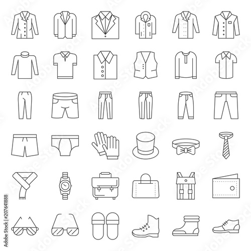 Male clothes and accessories thin line icon set 3