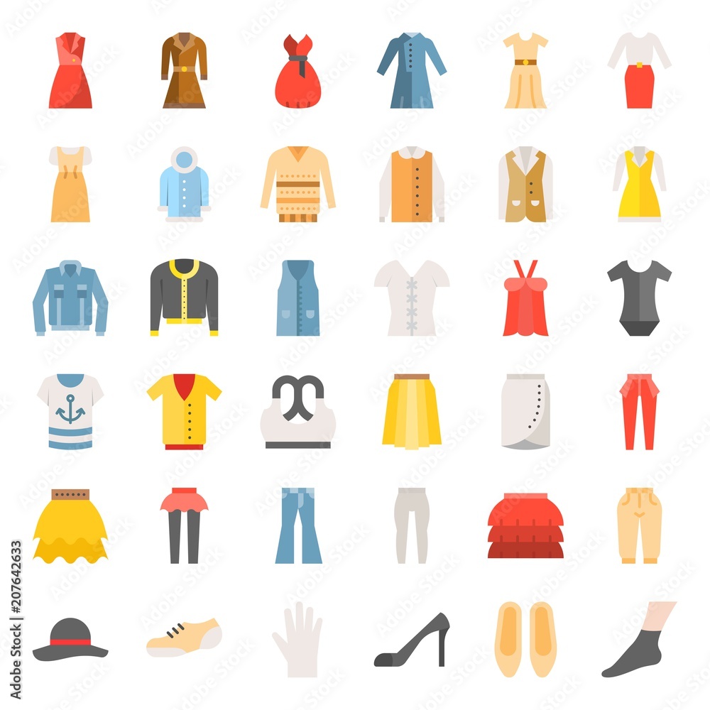 Female clothes, bag, shoes and accessories flat icon set 3 Female clothes, bag, shoes and accessories flat icon set 3