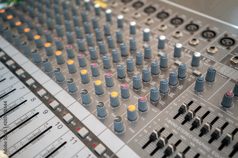 Sound technician audio mixer equalizer control for background. Sound technician audio mixer equalizer control for background.