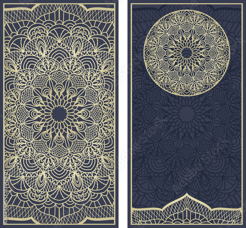 Set of vintage Wedding Invitation card with Mandala pattern. The front and rear side. Beautiful Victorian ornament. Frame with floral elements. Vector illustration