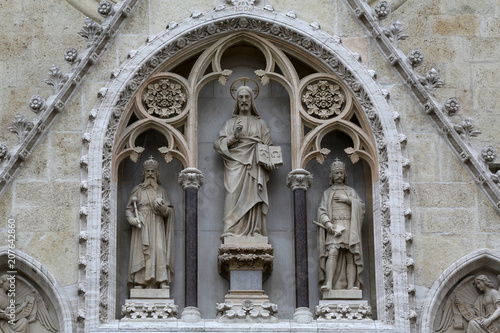 Jesus Christ surrounded by saints Stephen the King and St. Ladislaus  portal of the cathedral in Zagreb  Croatia 