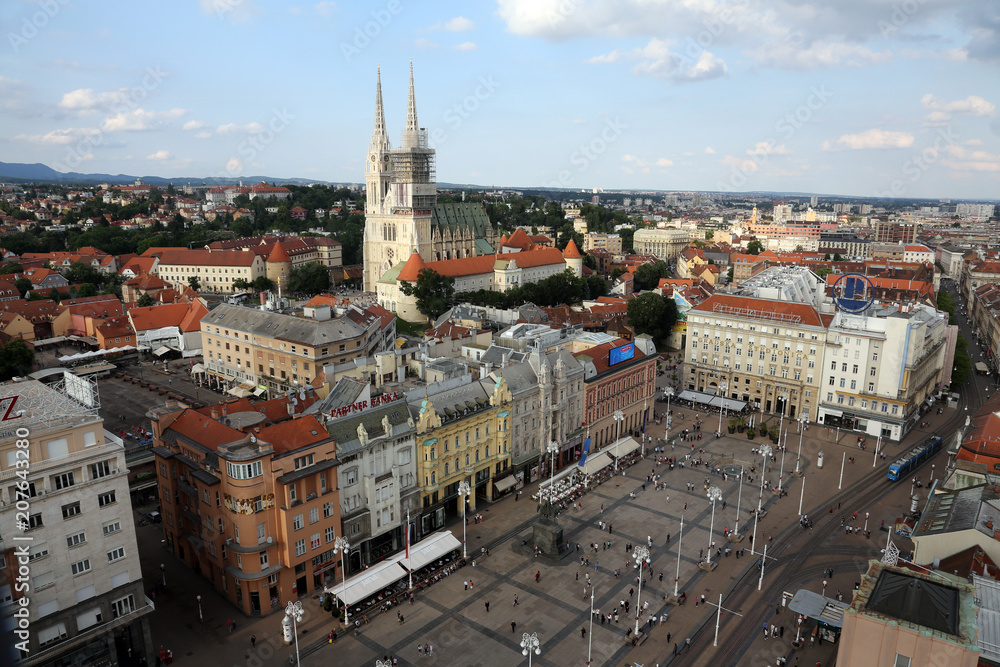Fototapeta premium Ban Jelacic Square, aerial view in Zagreb, Croatia 