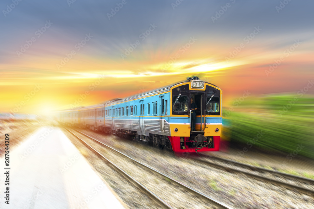 Fototapeta premium Railroad train in trip to creative for design and decoration isolate on background.Copy space. Travel concept (Train motion)