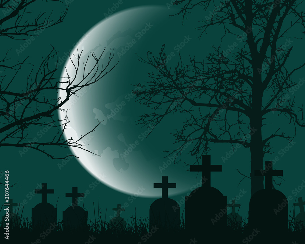 Vector illustration of a cemetery with headstones, dead trees and crescent moon