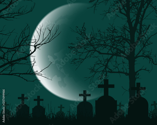 Vector illustration of a cemetery with headstones, dead trees and crescent moon