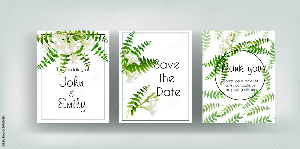 Wedding vector floral invite invitation thank you, white flower and green leaves .