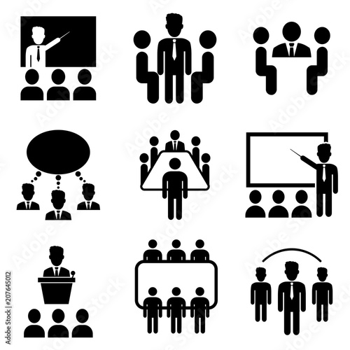 Conceptual vector illustration. Black and white icons for business meeting. Seminar signs for infographic, logo, app development and website design.