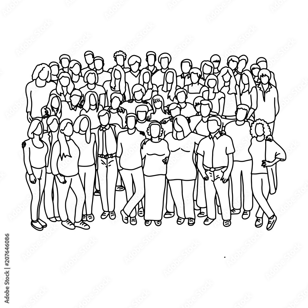group of businesspeople standing together vector illustration sketch doodle hand drawn with black lines isolated on white background. Teamwork concept.