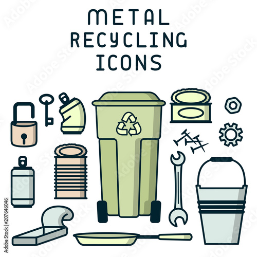 Metal recycling icons set with garbage and dumpster. Linear style vector illustration. EPS10