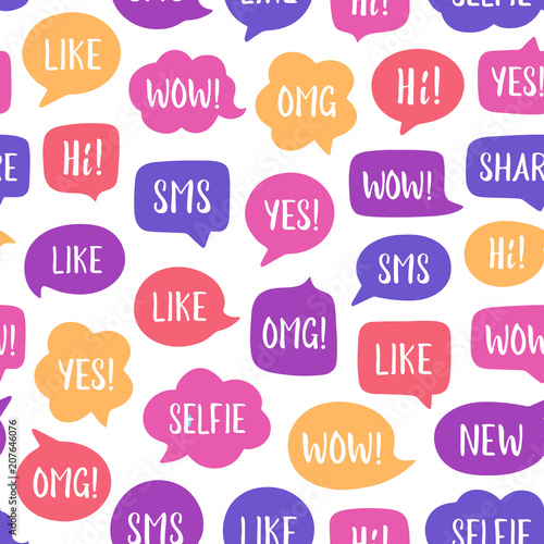 Vector seamless pattern of color speech bubbles with popular social media phrases: selfie, like, wow, sms, hi... Communication, chat, dialog, gadgets, social media network concept. Color flat cartoon