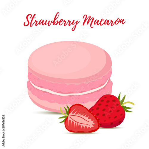 Vector strawberry macaron with meringue cream. Cartoon flat style