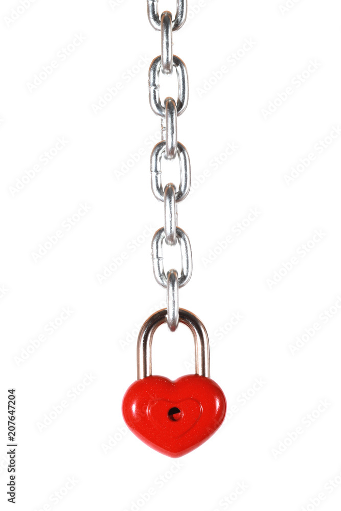 Red heart shape lock and chain. Romantic padlock. Red heart shape lock and chain. Romantic padlock.