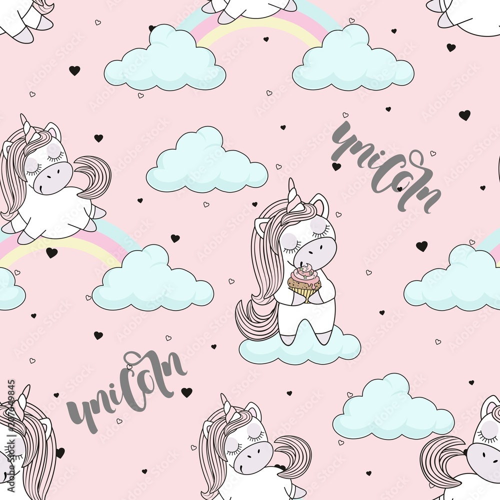 Seamless pattern with unicorns on a beautiful background. Vector illustration.