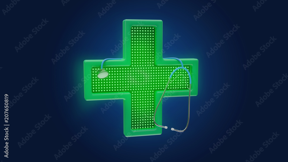 Fototapeta premium Lighting pharmacy cross and a stethoscope - 3d render