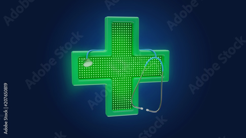 Lighting pharmacy cross and a stethoscope - 3d render