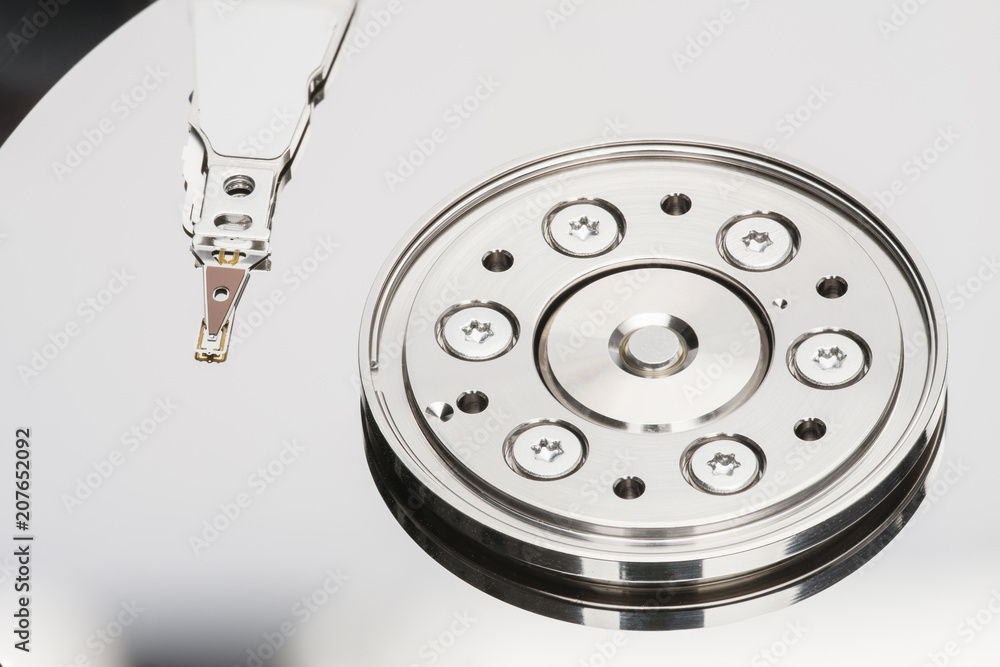 Closeup of an open computer hard drive Closeup of an open computer hard drive