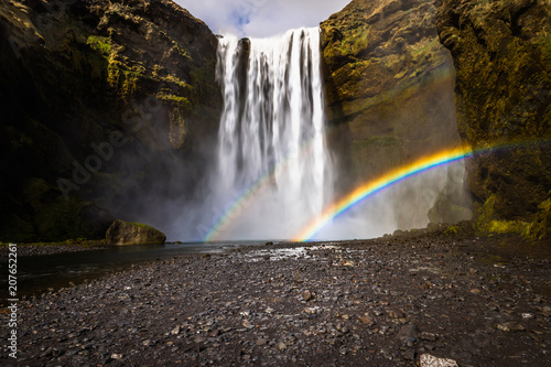 Skogafoss - May 04, 2018: Rainbows at the Skogafoss waterfall, Iceland
