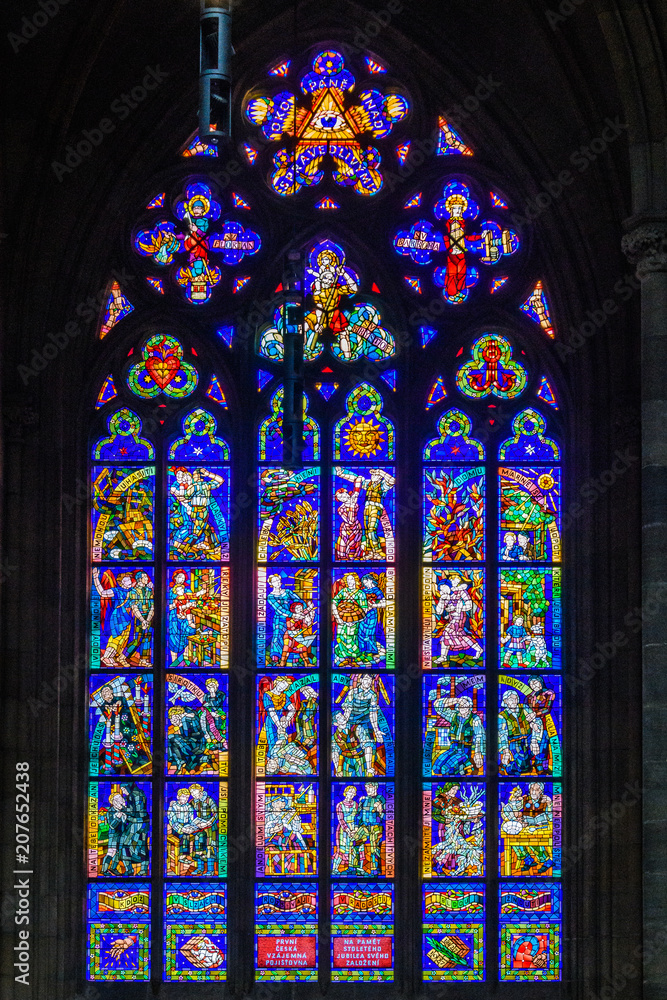 Window in Saint Vitus Cathedral in Prague, Czech Republic