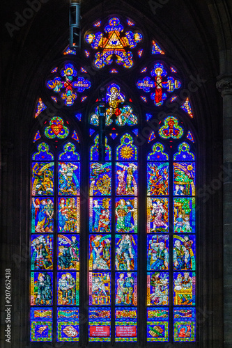 Window in Saint Vitus Cathedral in Prague, Czech Republic