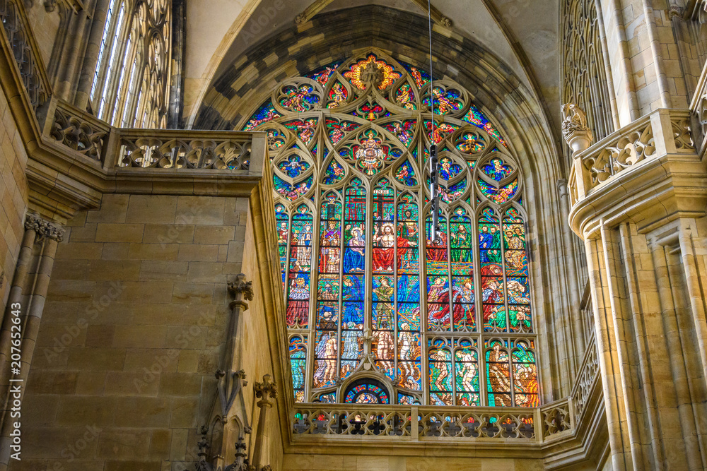 Window in Saint Vitus Cathedral in Prague, Czech Republic