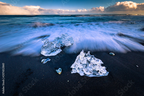 Jokulsarlon - May 05, 2018: Ice blocks in Diamond beach near Jokulsarlon, Iceland