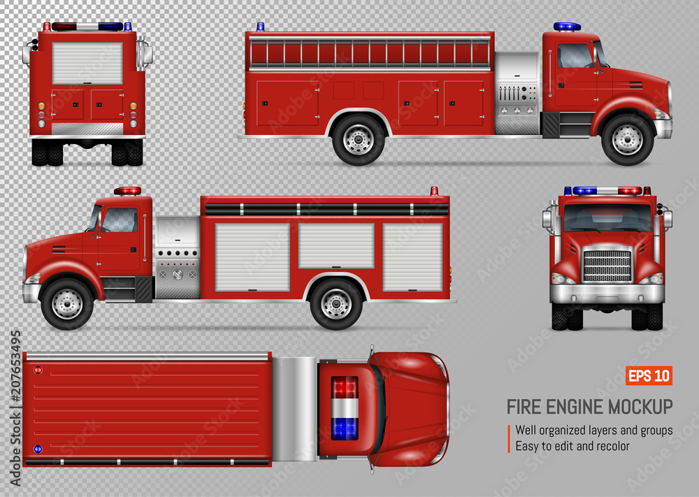 Fire truck engine vector mockup for vehicle branding, corporate