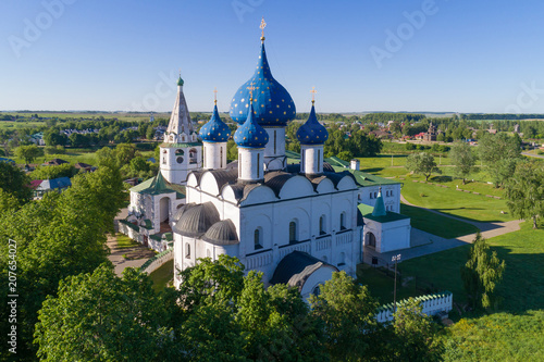 Suzdal, Russia. Aerial view of the Nativity Cathedral and the bell tower of the Suzdal Kremlin.