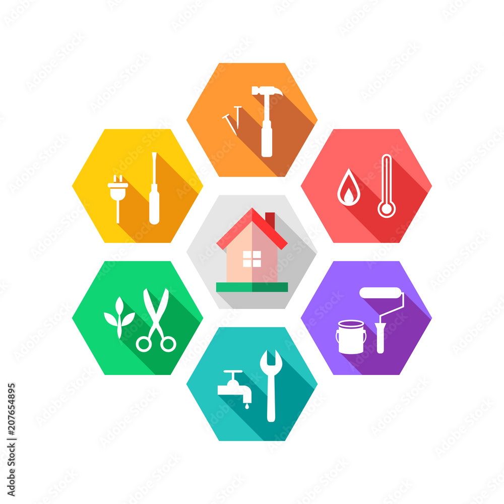 Maintenance and facility management concept with house and work tools