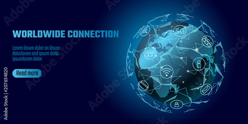 Global network connection. World map Europe Africa continent point line worldwide information technology dat exchange business. Planet Earth space low poly polygonal render vector Illustration