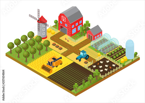 Rural farm 3d isometric template concept with mill, garden park, trees, agricultural vehicles, farmer house and greenhouse game or app vector illustration.